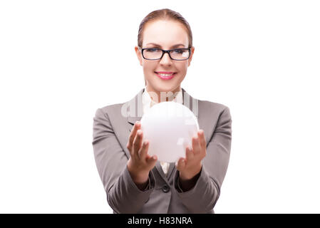 Woman holding crystall ball isolated on white Stock Photo