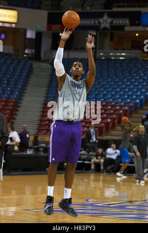 Jan 8, 2012; Sacramento, CA, USA; Sacramento Kings center Jason Thompson (34) warms up before the game against the Orlando Magic at Power Balance Pavilion. Stock Photo