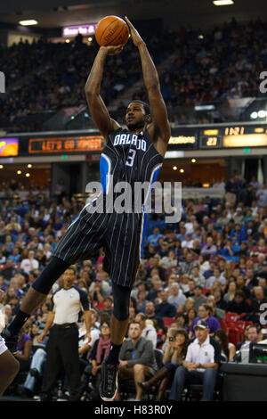 Jan 8, 2012; Sacramento, CA, USA; Orlando Magic forward Earl Clark (3) shoots against the Sacramento Kings during the second quarter at Power Balance Pavilion. Stock Photo