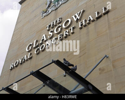Glasgow Royal Concert Hall sign with pigeons Stock Photo