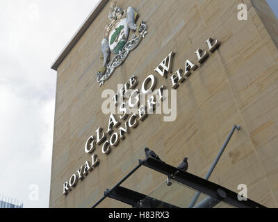 Glasgow Royal Concert Hall sign with pigeons Stock Photo