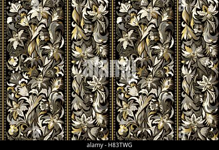 Seamless pattern with vertical stripes and floral hand drawing ornament. Vector wallpaper Stock Vector