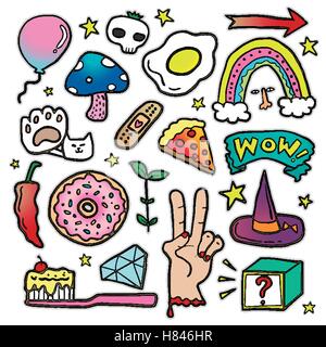 Lovely patch badges set, donut, hand, mushroom and other elements for decoration. Embroidery or stickers in cartoon style. Stock Vector