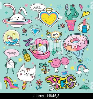 Lovely patch badges set, donut, rabbit, cat, cactus and other elements for decoration. Embroidery or stickers in cartoon style. Stock Vector