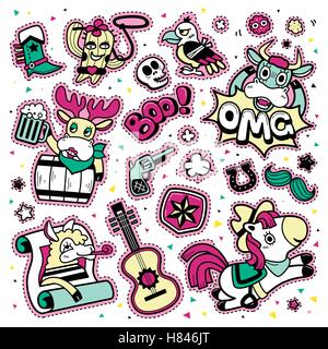 Lovely patch badges set, colorful and trendy elements collection for decoration. Embroidery or stickers in cartoon style. Stock Vector
