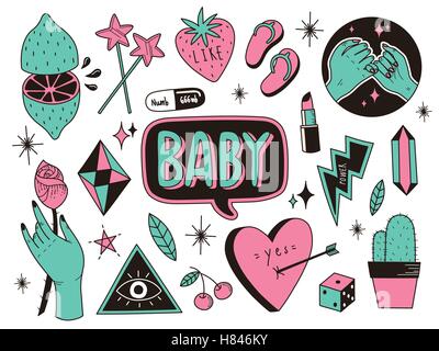 Funny patch badges set, weird elements collection for decoration. Embroidery or stickers in cartoon style. Stock Vector