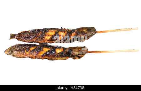 Grilled catfish with bamboo sticks, isolated on white background Stock Photo