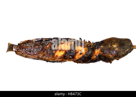 Grilled catfish with bamboo sticks, isolated on white background Stock Photo