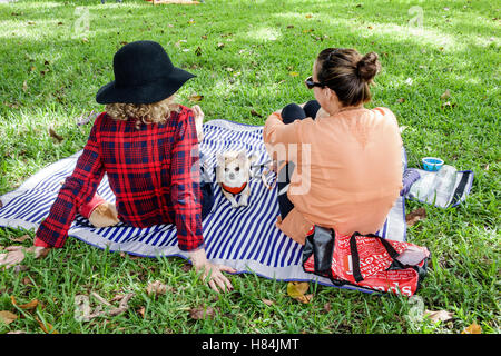 Miami Beach Florida,adult adults woman women female lady,friends,blanket,grass,relaxing,Chihuahua,dog dogs,pet pets,visitors travel traveling tour tou Stock Photo