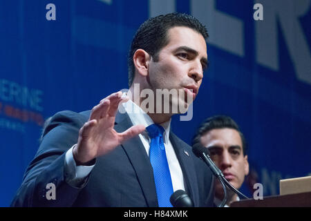 Las Vegas, Nevada, USA. 8th Nov, 2016. Rubin Kihuen speaks to supports as the newly elected representative from Nevada on November 8th 2016 at the election night party at the Aria in Las Vegas, NV. Credit:  The Photo Access/Alamy Live News Stock Photo