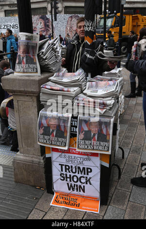 London Evening Standard announces the victory of Donald Trump on its front page, on display in Oxford Street London. Stock Photo