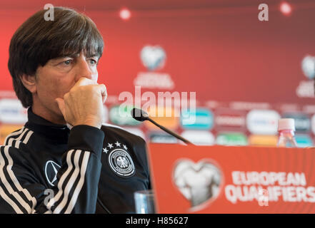 Rimini, Italy. 10th Nov, 2016. German national soccer coach Joachim Loew speaking at the German Football Association press conference before the World Cup qualifier against San Marino, in Rimini, Italy, 10 November 2016. Photo: GUIDO KIRCHNER/dpa/Alamy Live News Stock Photo