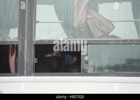 Mosul, Nineveh, Iraq. 10th Nov, 2016. 10/11/2016. Mosul, Iraq. A young Iraqi woman, wearing a niqab looks from a bus window as she and other families, escaping from areas within the city where fighting between Iraqi Security Forces and Islamic State militants is taking place, wait to be evacuated by the Iraqi Army from the city's Gogjali District. Credit:  ZUMA Press, Inc./Alamy Live News