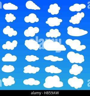 Cloud vector icon set white color on blue background. Sky flat illustration collection for web, art and app design. Different na Stock Vector