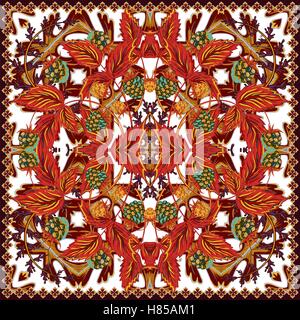 Design for square pocket, shawl, textile. Strawberry floral pattern Stock Vector