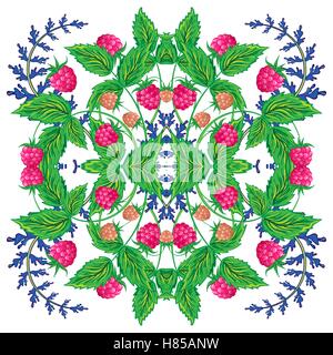 Design for square pocket, shawl, textile. Strawberry floral pattern Stock Vector
