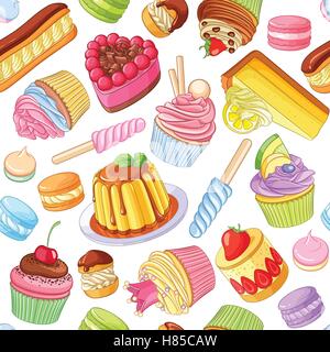 Assorted bright colorful desserts, pastries, sweets, candies, cupcakes. Seamless vector pattern isolated on white background. Stock Vector