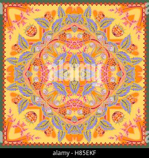 authentic silk neck scarf or kerchief square pattern design in ukrainian style for print on fabric, vector illustration Stock Vector