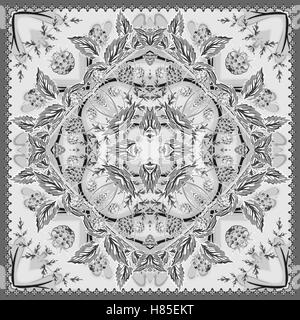 authentic silk neck scarf or kerchief square pattern design in ukrainian style for print on fabric, vector illustration Stock Vector