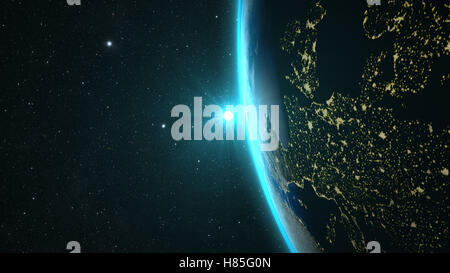 blue Suset over earth as seen from space. With stars background. Stock Photo