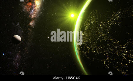 green Sunset over earth as seen from space. With stars background. Stock Photo