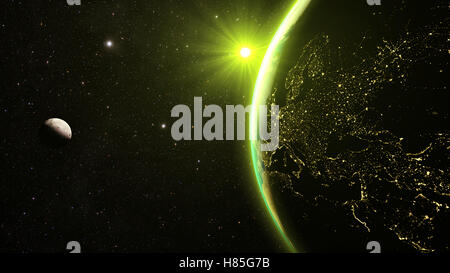 geen Sunset over earth as seen from space. With stars background. Stock Photo