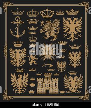 Mega pack of Heraldic Elements with baroque frame Stock Vector