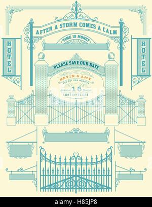 Wrought iron wicket and Wedding invitation, fence and gates grilles isolated. Vector set Stock Vector