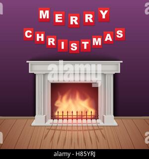Christmas and Fireplace in cozy room. Realistic style design. Vector Illustration. Stock Vector