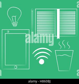 Set of variety brainstorming elements. Isolated on green background. Top view. Vector Stock Vector