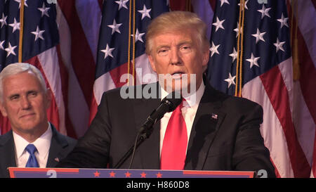 Donald Trump as he makes his acceptance speech in New York following his victory to become he 45th president of the United States. Stock Photo