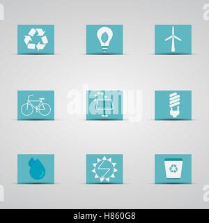 Eco friendly icon set in lovely blue and silver design background. Logo and badge. Love for environmental Energy-saving lifestyle. Vector Stock Vector