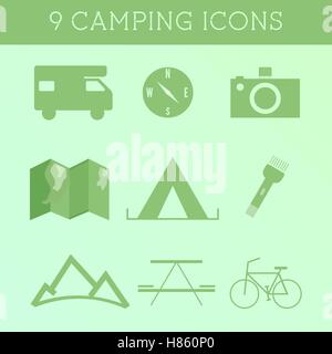 Set of Outdoor Summer camping Icons. RV, motorhome and travel elements. Flat design on green background. Vector illustration Stock Vector