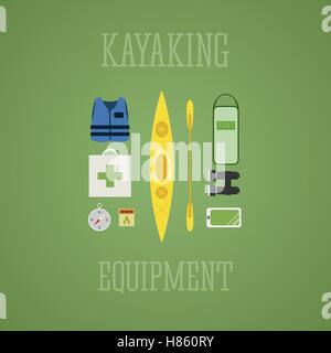 Kayaking equipment icons set. Kayak illustration on a multicolor design. With tent, compass, mobile device, binoculars, life jacket, matches and medicine chest. Vector illustration Stock Vector