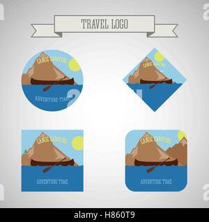 Set of Kayaking and canoe camp logo. Expedition label and sticker. Unusual design. Summer outdoor adventures. Colorful. Vector illustration Stock Vector