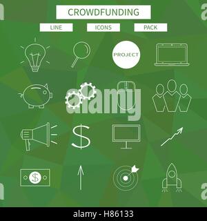 Flat line icons set of crowd funding service, investing platform for creative project, development of small business, startup model and community ideas. Modern design style vector illustration concept. Vector Stock Vector