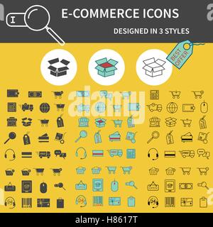 Set of Outline,  Silhouette and 3 colors On-Line Shopping icons isolated on yellow background. Cute design. Can be used as elements in infographics, logo, web and mobile app icons etc. Easy to recolor and resize. Vector illustration Stock Vector