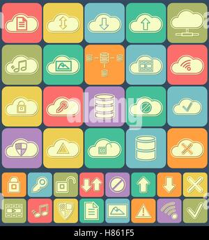 Cloud Storage, Data analysis, database, network technology settings icons flat set isolated on multicolor buttons. Vector illustration Stock Vector