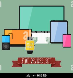 Set of modern business  ui devices - digital tablet, mobile devices, smart watch, music player, laptop. Stylish color design. Isolated on green background. Vector illustration Stock Vector