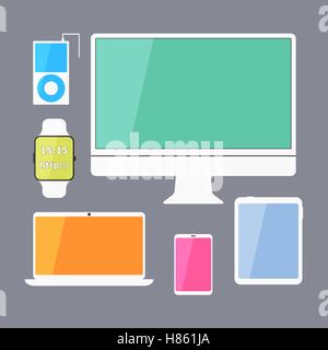 Modern business ui devices set - display, digital tablet, mobile devices, smart watch, music player, laptop. Stylish color design. Isolated on blue background. Vector illustration Stock Vector