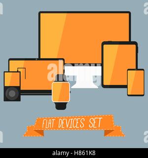 Set of modern user interface - digital tablet, mobile devices, smart watch, music player, laptop. Stylish orange design. Isolated on blue background. Vector illustration Stock Vector