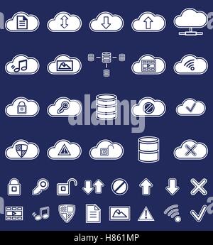Silhouette  Cloud Storage, Data analysis, network technology settings icons flat set isolated on dark background. Retro design. Vector illustration. Stock Vector