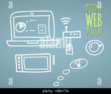 Hand drawn vector illustration website design elements and user interface programming doodles elements. Isolated on light background. Vector illustration Stock Vector