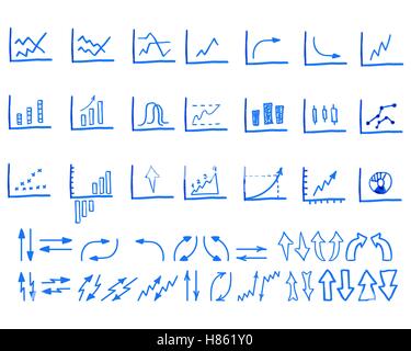 Set of doodle, sketched, hand drawn business management infographics elements, icons, arrows, charts. Isolated on white background. Vector illustration Stock Vector