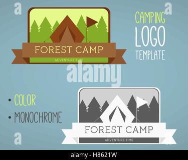 Vintage camping and outdoor activity logos. Designed in color and monochrome. Vector logo templates and badges with forest, trees, flag, ribbon, tent. National parks and nature exploration symbols. Stock Vector