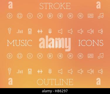 Music outline and stroke icons set, simple and thin line design. Isolated on stylish orange party background. Vector illustration Stock Vector