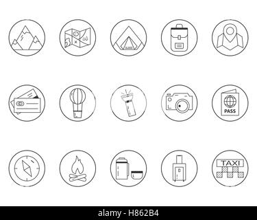 Summer camping and travel outline icons set. Outdoor activity theme. Thin line design. Isolated on white background. Vector illustration Stock Vector