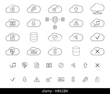 Cloud Storage Icons Set. Outlined. Thin line design for web and mobile app. Cloud technologies. Isolated on white background. Vector illustration Stock Vector