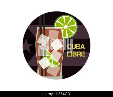 Cuba Libre cocktail. Can be used as icon, logo template, illustration or another way. Modern design. On stylish Cuba flag background. Vector illustration Stock Vector
