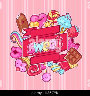 Kawaii background with sweets and candies. Crazy sweet-stuff in cartoon style Stock Vector